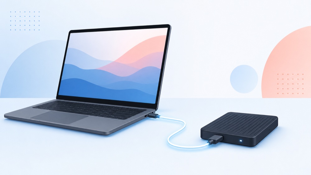 A MacBook connected by a glowing cable to an external SSD drive, illustrating affordable external Mac storage
