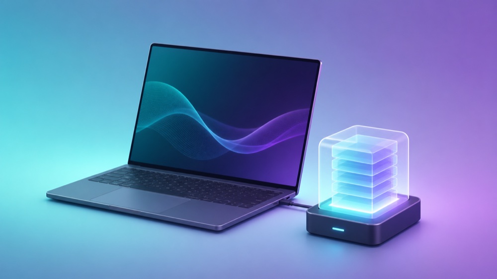 A MacBook beside a glowing external SSD enclosure holding stacked data blocks, representing a Mac AI model vault