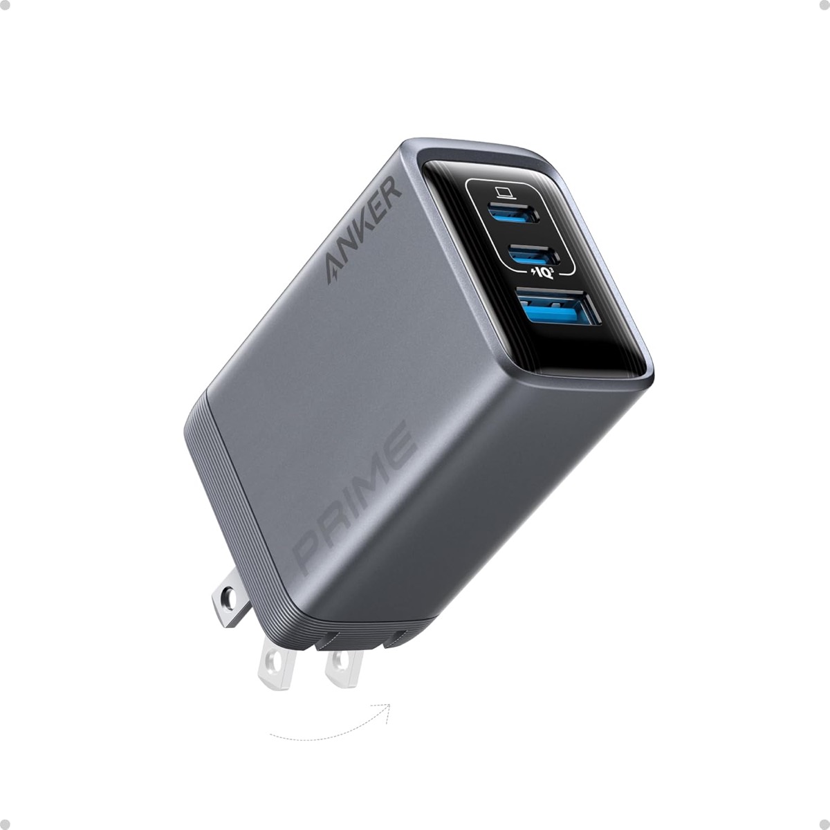 Anker Prime 100W 3-port GaN USB-C charger, compact black design with foldable prongs