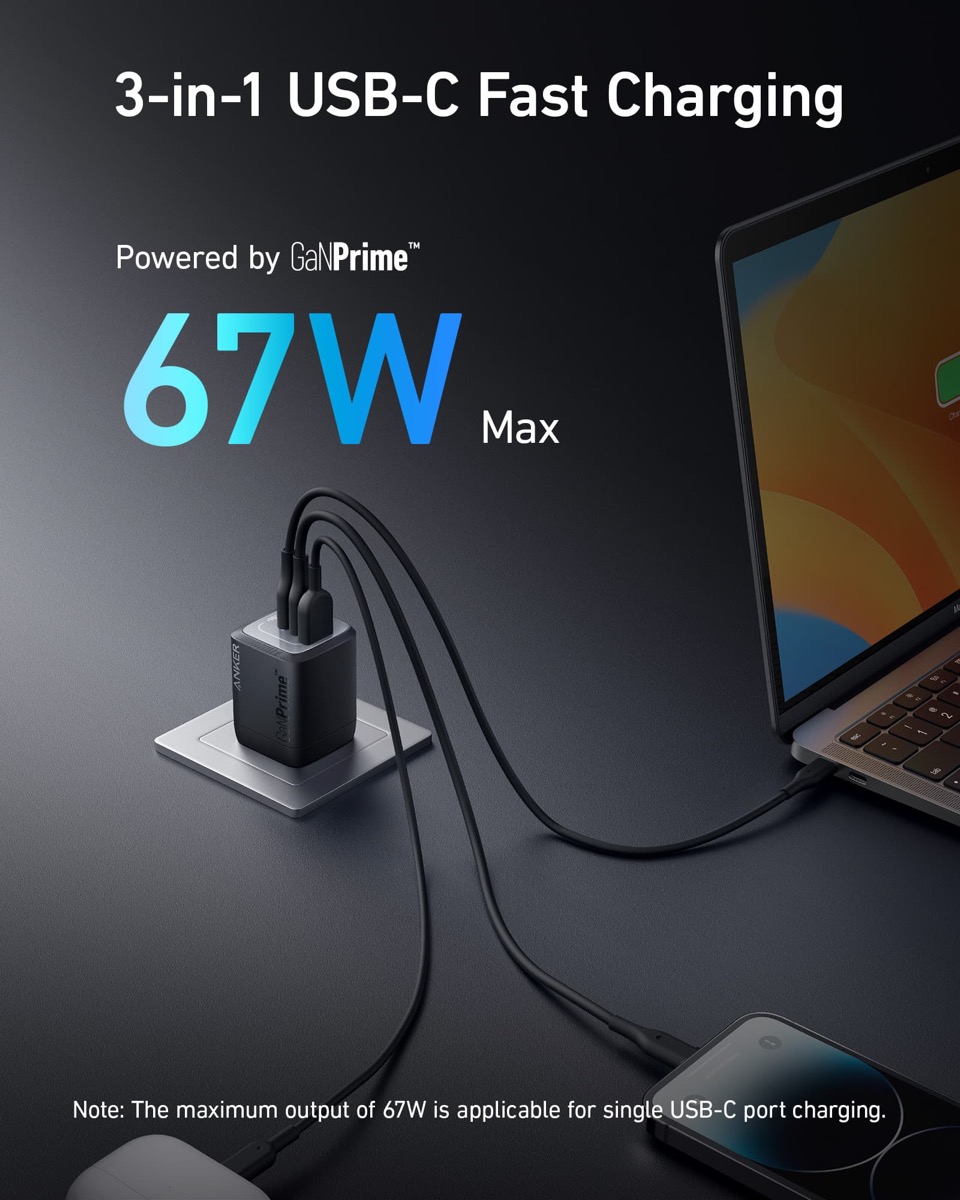 Anker Prime 67W GaN wall charger with three USB-C ports and foldable plug