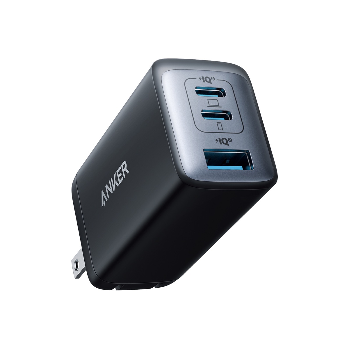 Anker 735 GaNPrime 65W charger with two USB-C ports and one USB-A port in compact black design