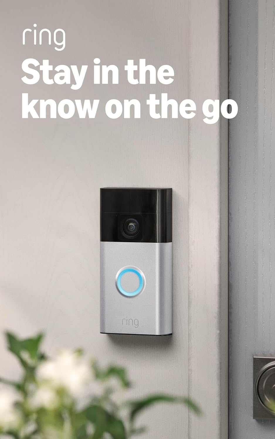 Ring Battery Doorbell 2024 in satin nickel, a wire-free rechargeable video doorbell with a tall head-to-toe camera lens