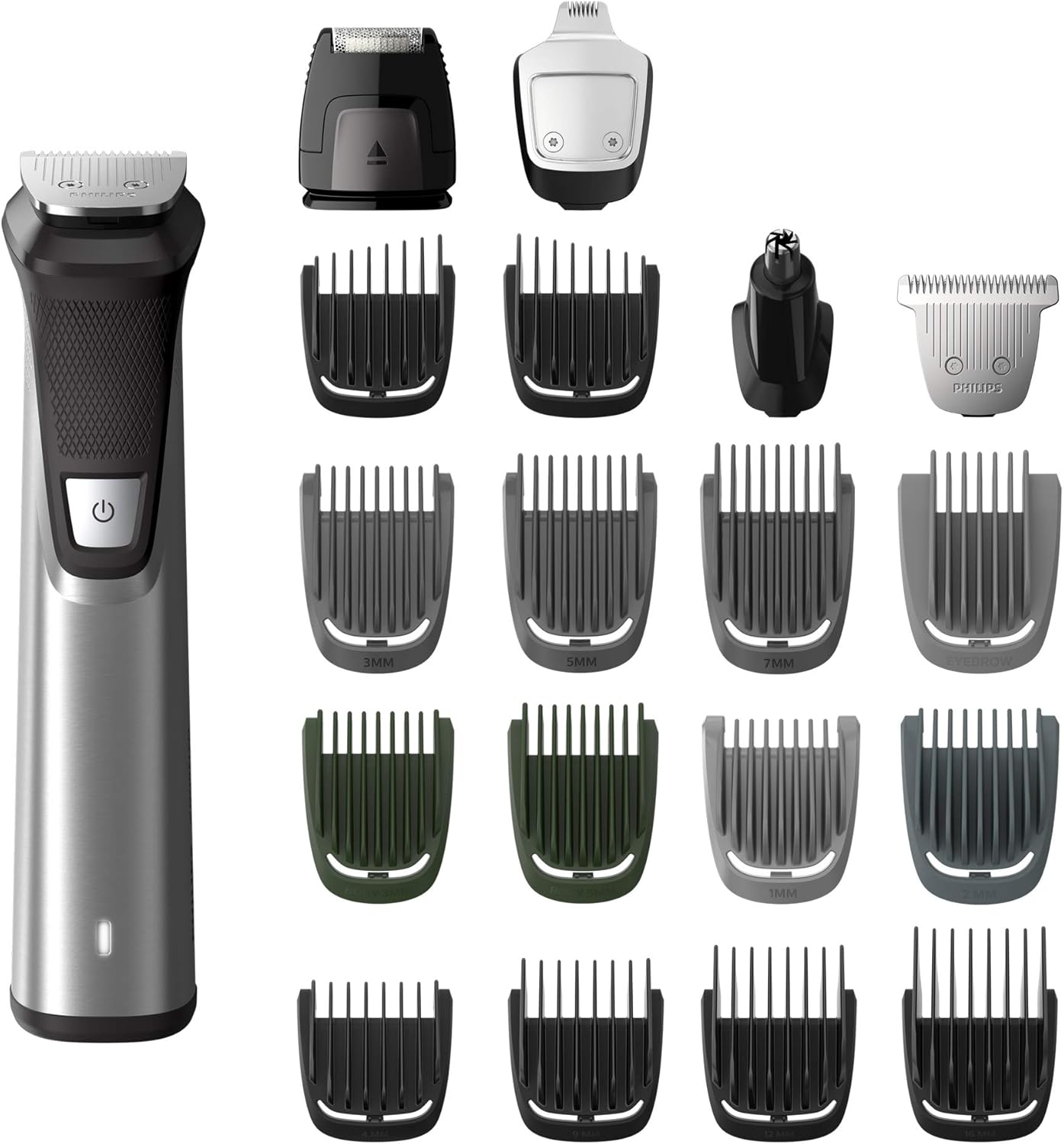 Philips Norelco Multigroom Series 7000 all-in-one beard trimmer kit with metal body and multiple attachments