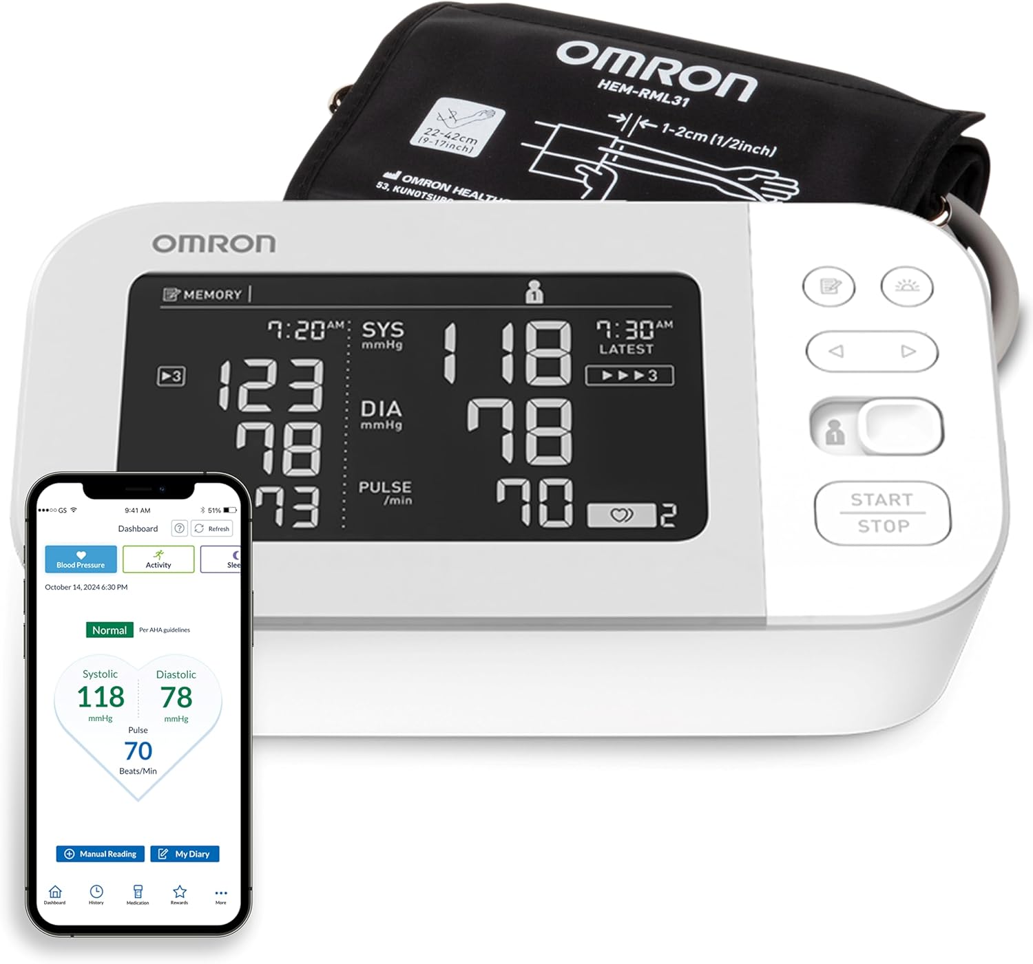 OMRON Platinum upper-arm blood pressure monitor with backlit display and gray cuff