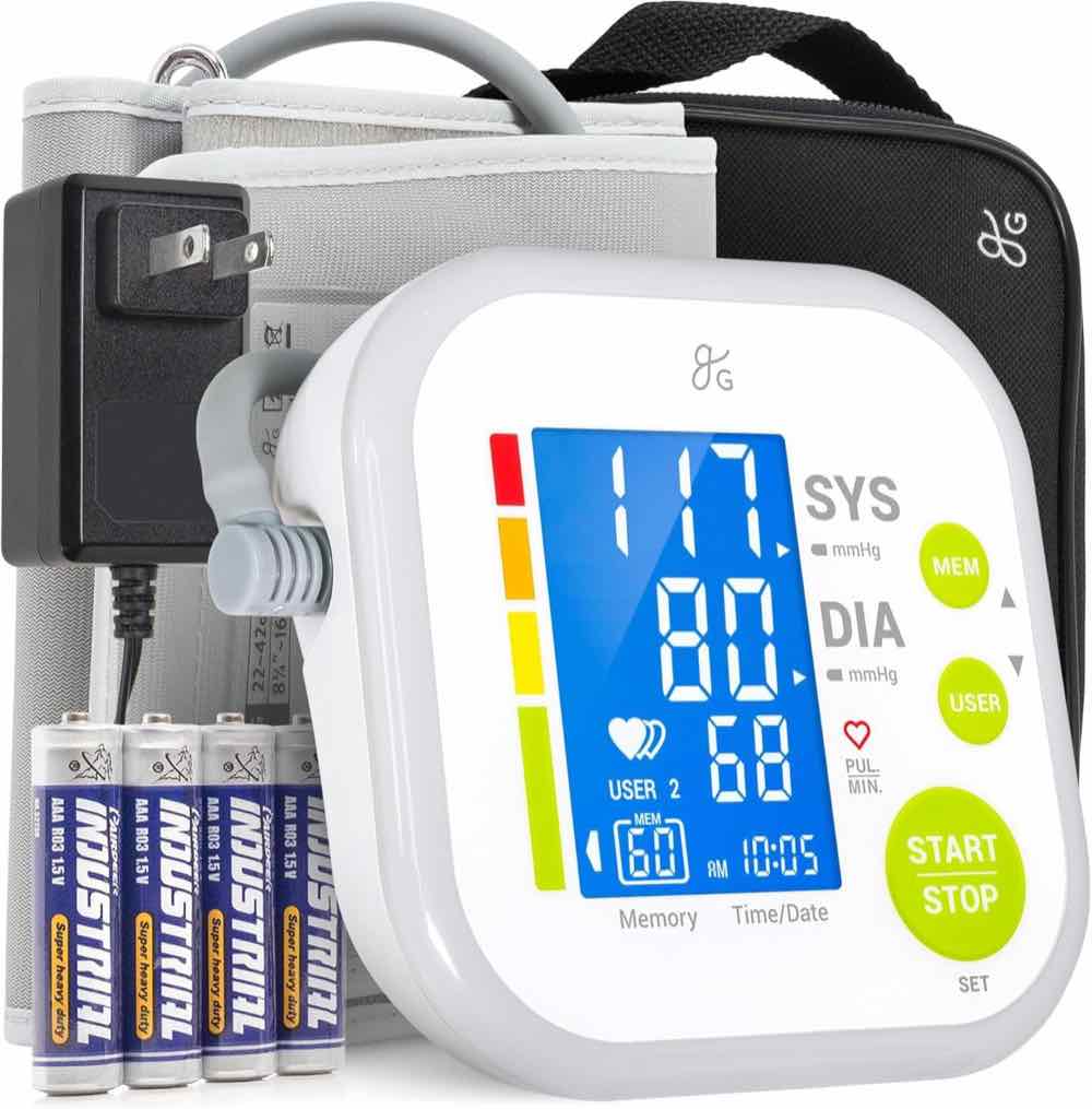 Greater Goods automatic upper-arm blood pressure monitor with large backlit display and wide-range cuff