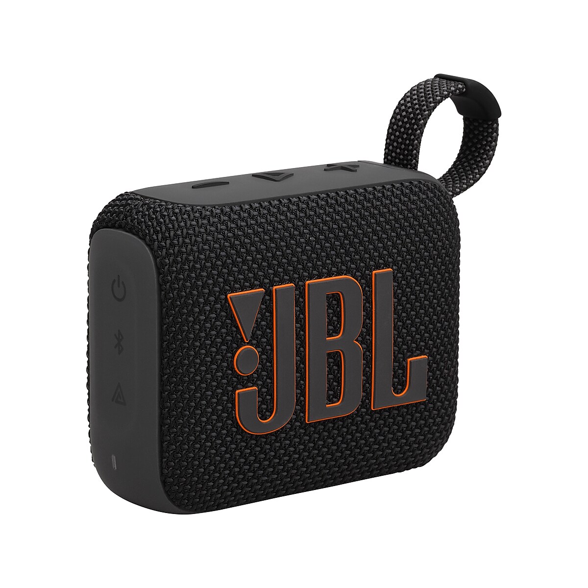 JBL Go 4 ultra-portable Bluetooth speaker in black with compact rounded square design and integrated loop