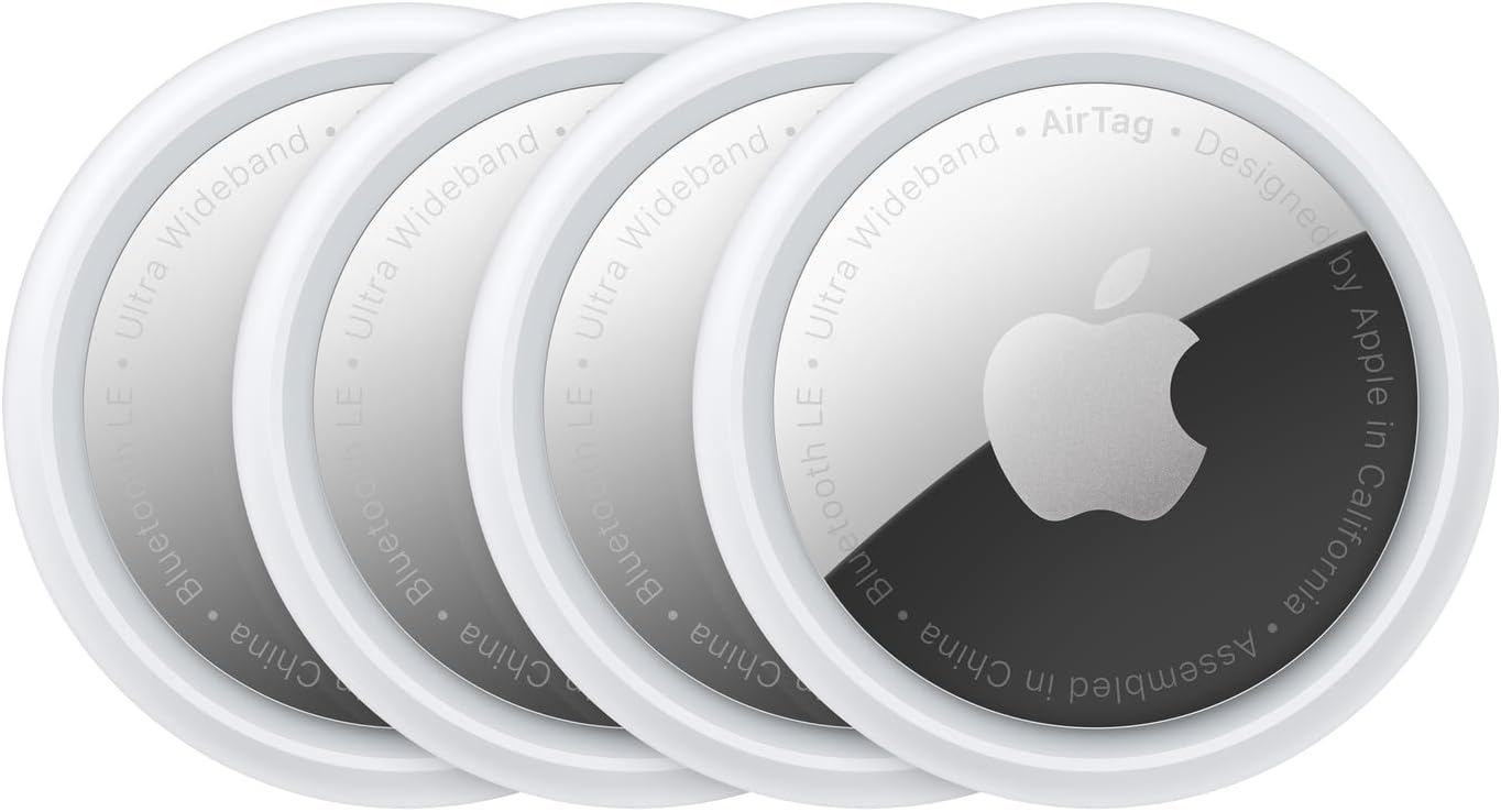 Apple AirTag 4-pack, four white and silver circular Bluetooth trackers for keys, wallet, and luggage