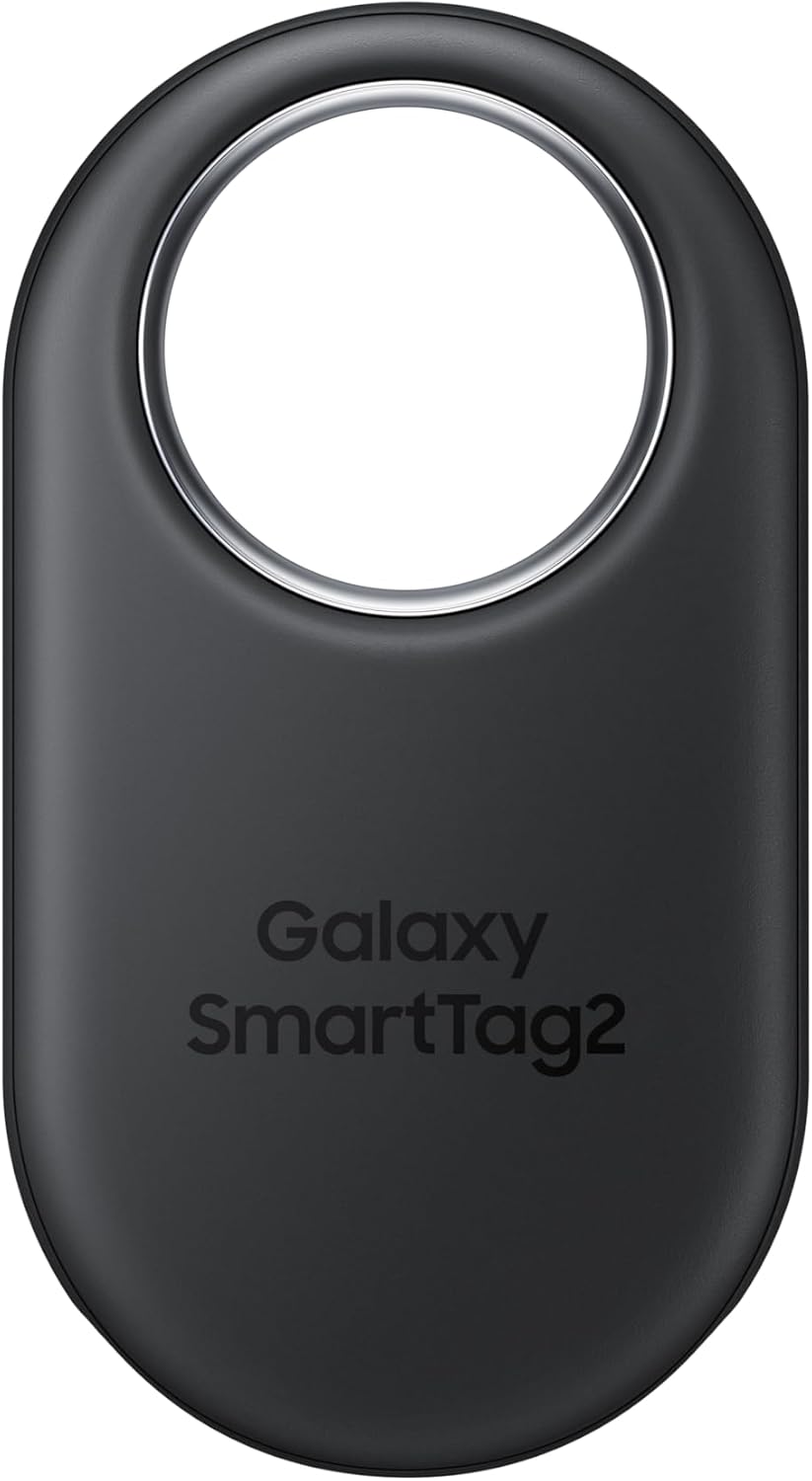 Samsung Galaxy SmartTag2, black oval Bluetooth tracker with built-in keyring loop for luggage and bags