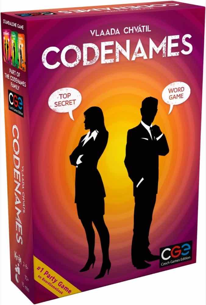 Codenames party word game box by Czech Games Edition with red and blue spy artwork