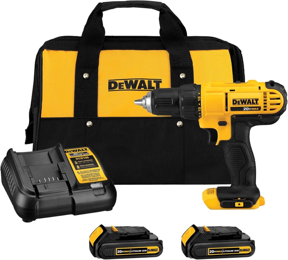 DeWalt DCD771C2 20V MAX yellow and black cordless drill/driver with 1/2-inch keyless chuck and battery