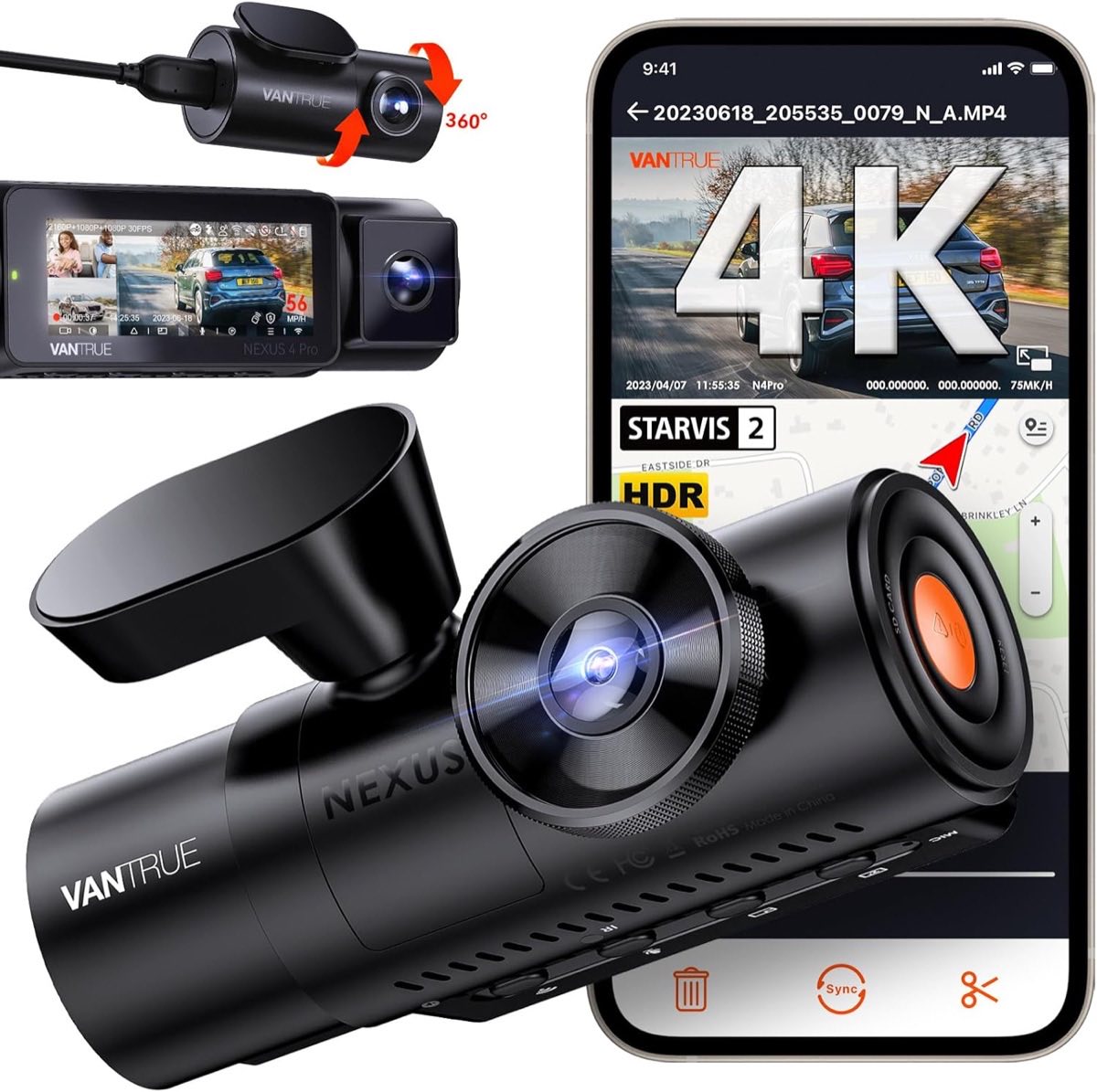 Vantrue N4 Pro three-channel dash cam with front lens, rotating interior IR camera, and rear camera on white background