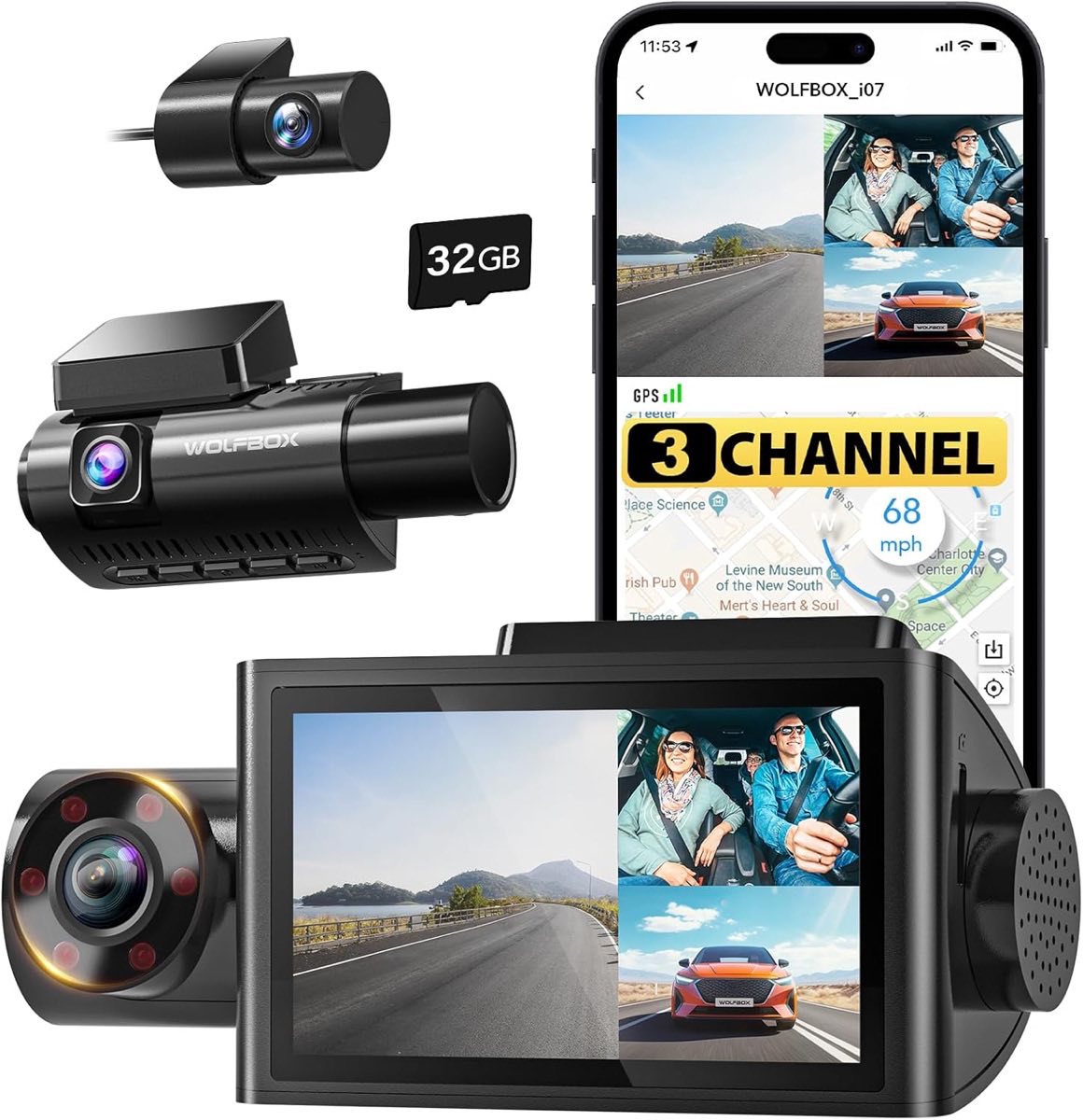 WOLFBOX i07 three-channel dash cam with 3-inch screen, front camera, and interior IR lens on white background