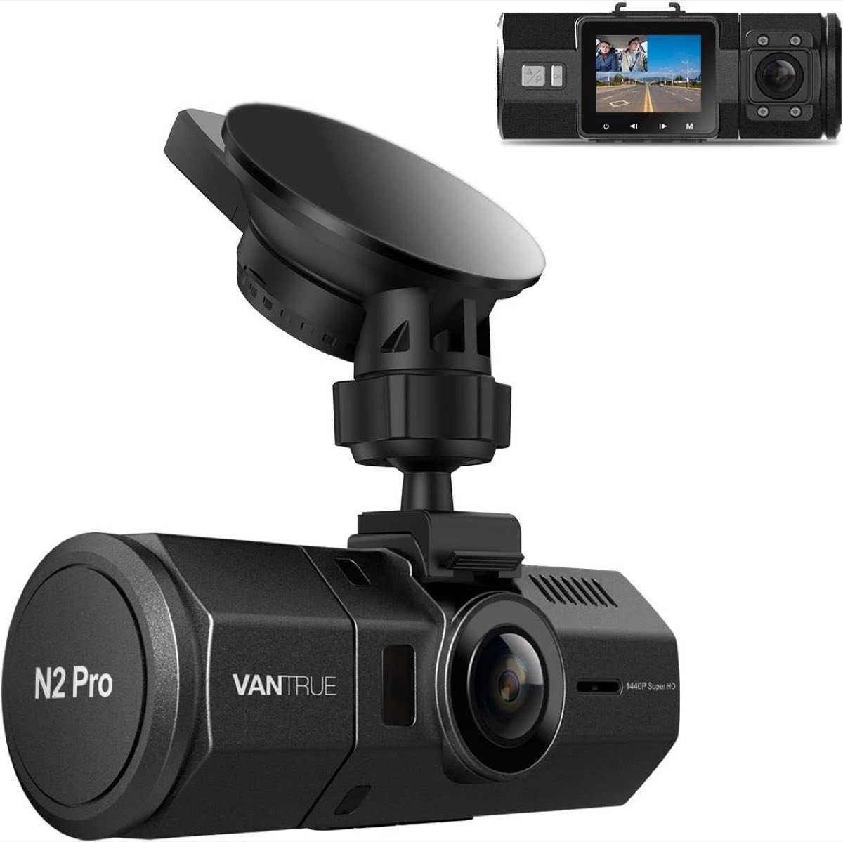 Vantrue N2 Pro dual dash cam with dual front and interior lenses and small screen on white background