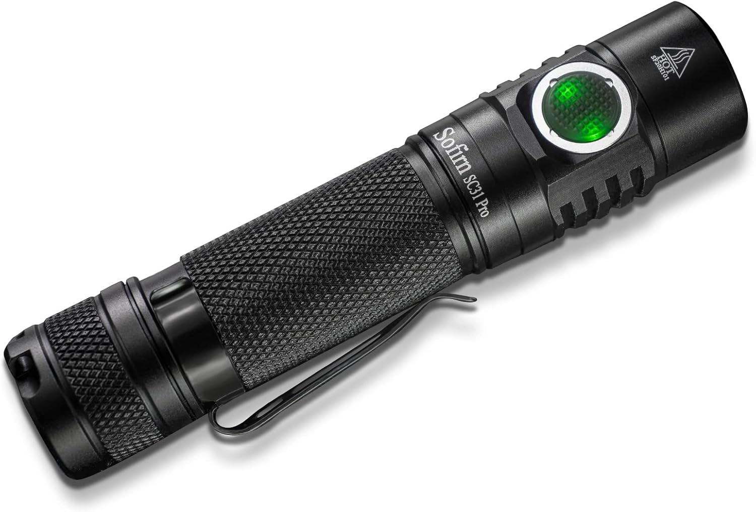 Sofirn SC31 Pro 18650 flashlight in black with USB-C charging port and magnetic tailcap