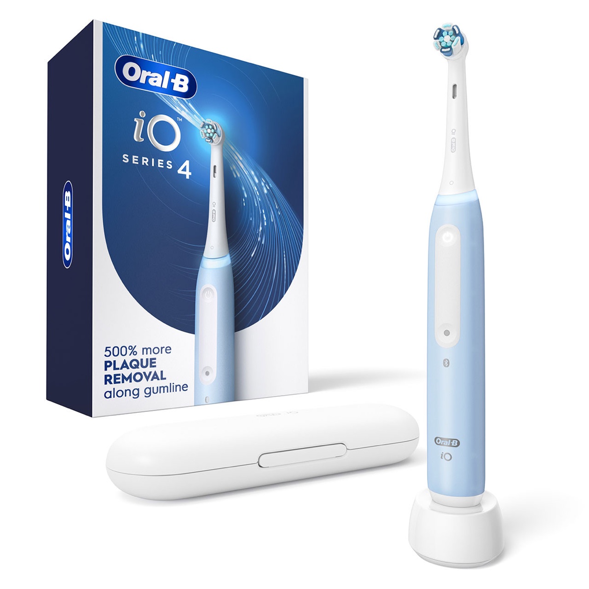Oral-B iO Series 4 icy blue electric toothbrush with retail box and white travel case