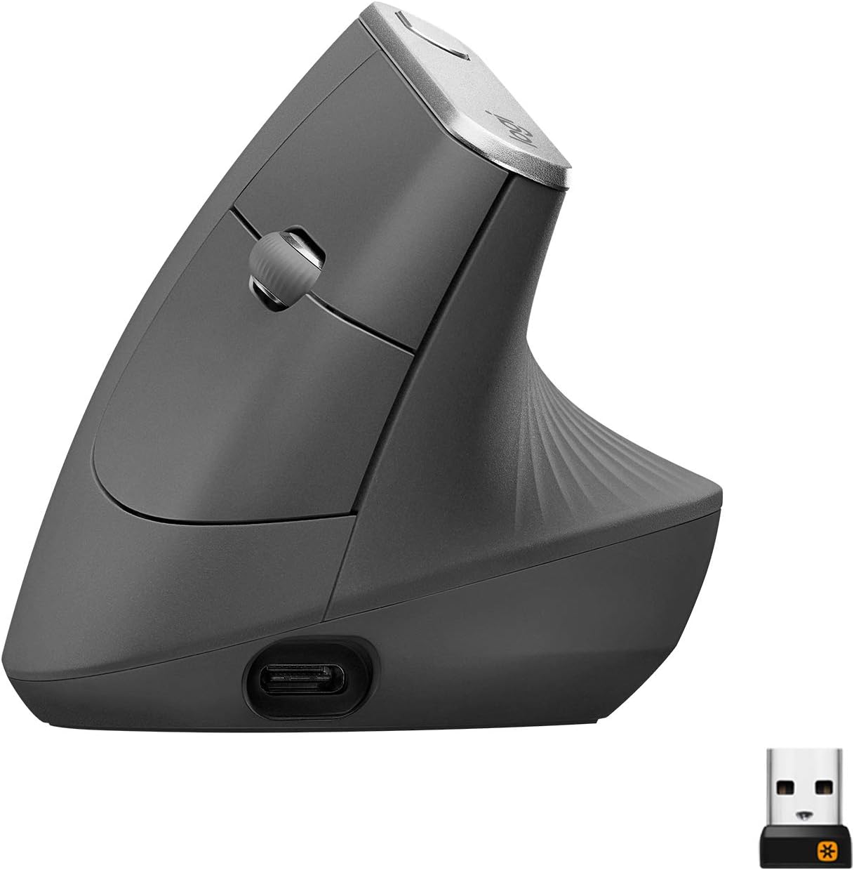 Logitech MX Vertical ergonomic mouse with 57-degree handshake tilt and dark gray textured grip