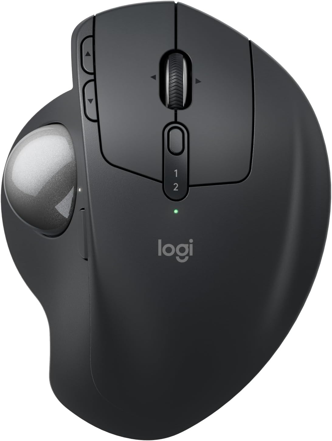 Logitech MX Ergo S trackball mouse with blue thumb-operated ball and tilt base