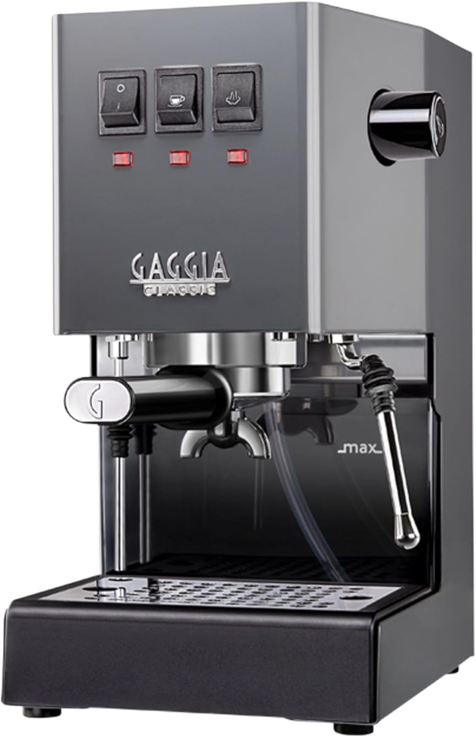 Gaggia Classic Evo Pro industrial grey espresso machine with commercial 58mm portafilter and stainless steel body