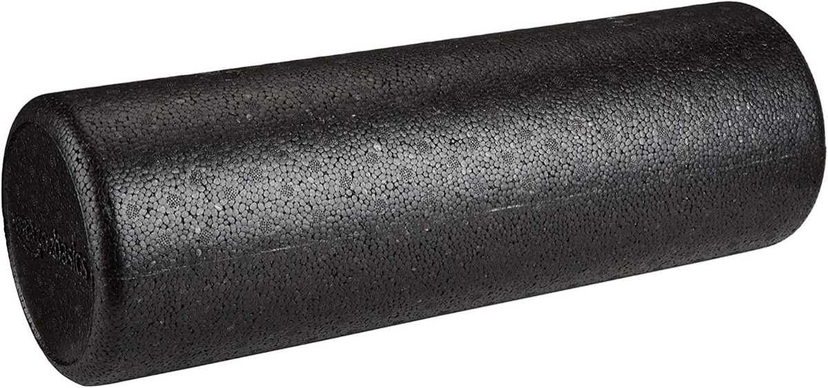 Amazon Basics High-Density black round foam roller, 18-inch smooth cylinder for exercise and muscle recovery