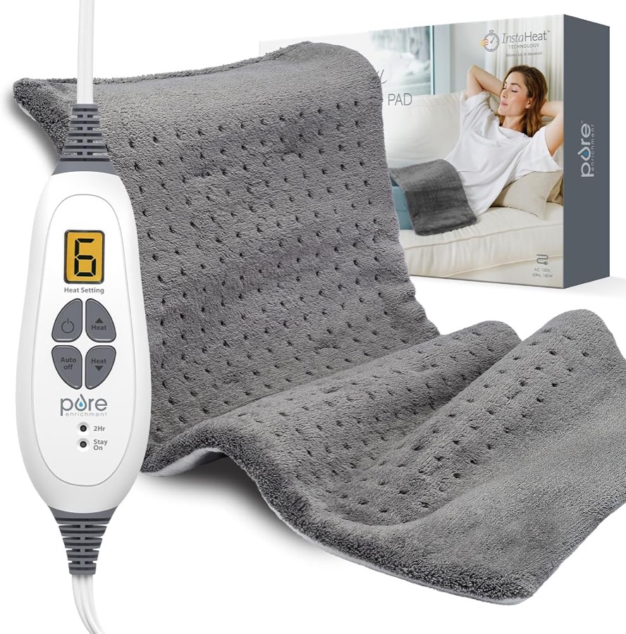 Pure Enrichment PureRelief XL heating pad in charcoal gray with soft micromink fabric, rectangular 12 by 24 inch shape, and inline LED controller