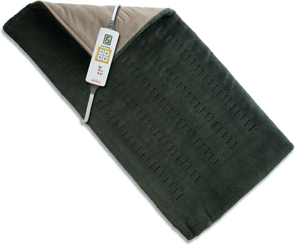 Sunbeam XL XpressHeat heating pad in green with soft fabric, rectangular 12 by 24 inch shape, and lighted slide controller