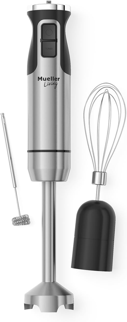 Mueller Ultra-Stick handheld immersion blender in black and stainless steel with blending beaker
