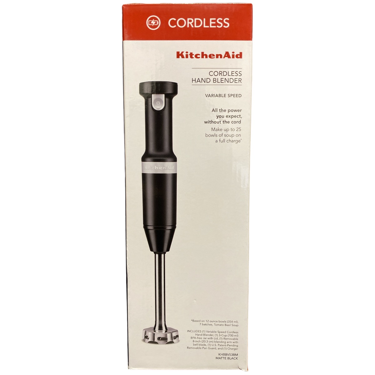 KitchenAid KHBBV53 black matte cordless variable speed hand blender with blending jar and pan guard