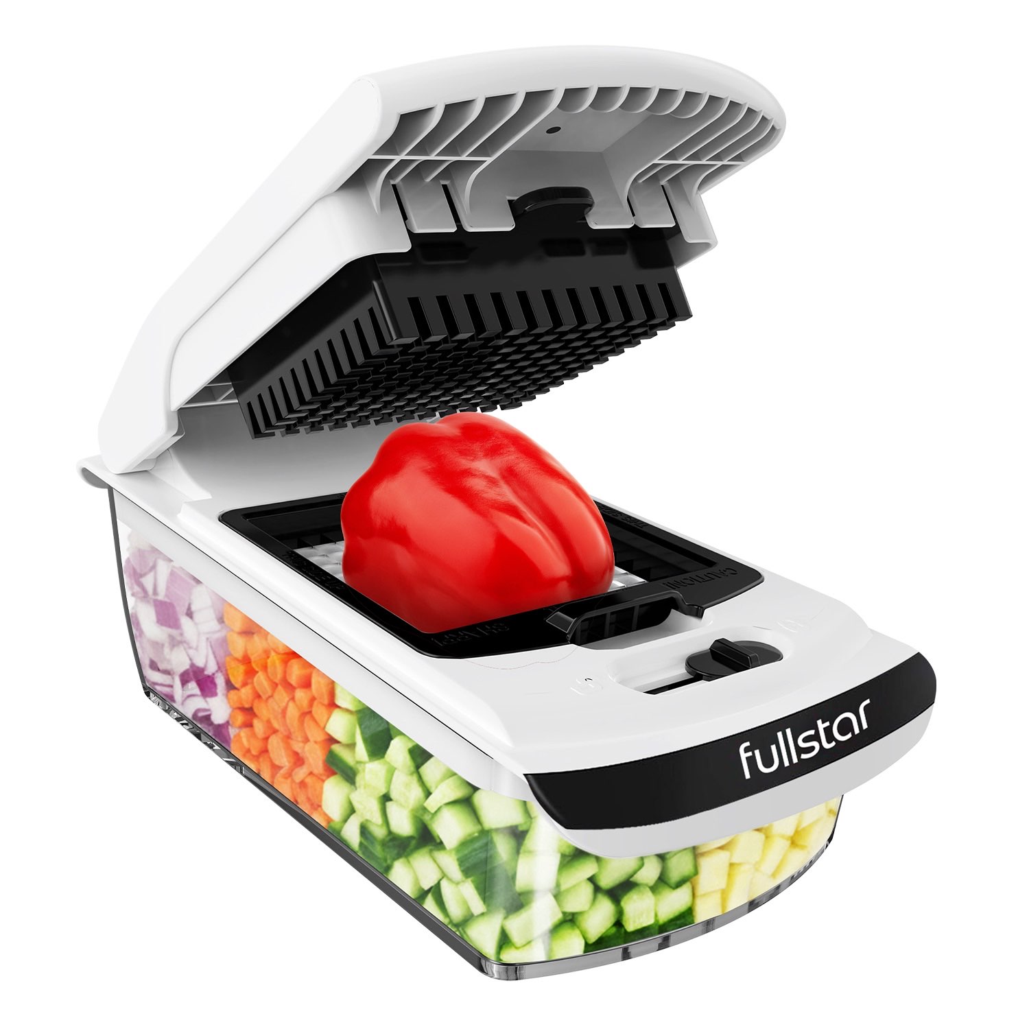 Fullstar 4-in-1 vegetable chopper with interchangeable blades and clear collection container, the best budget pick for fast meal prep