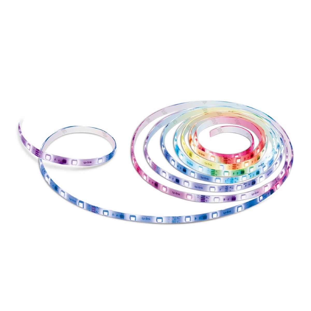 TP-Link Tapo L920-5 RGBIC LED light strip coiled in a rainbow gradient on a white background