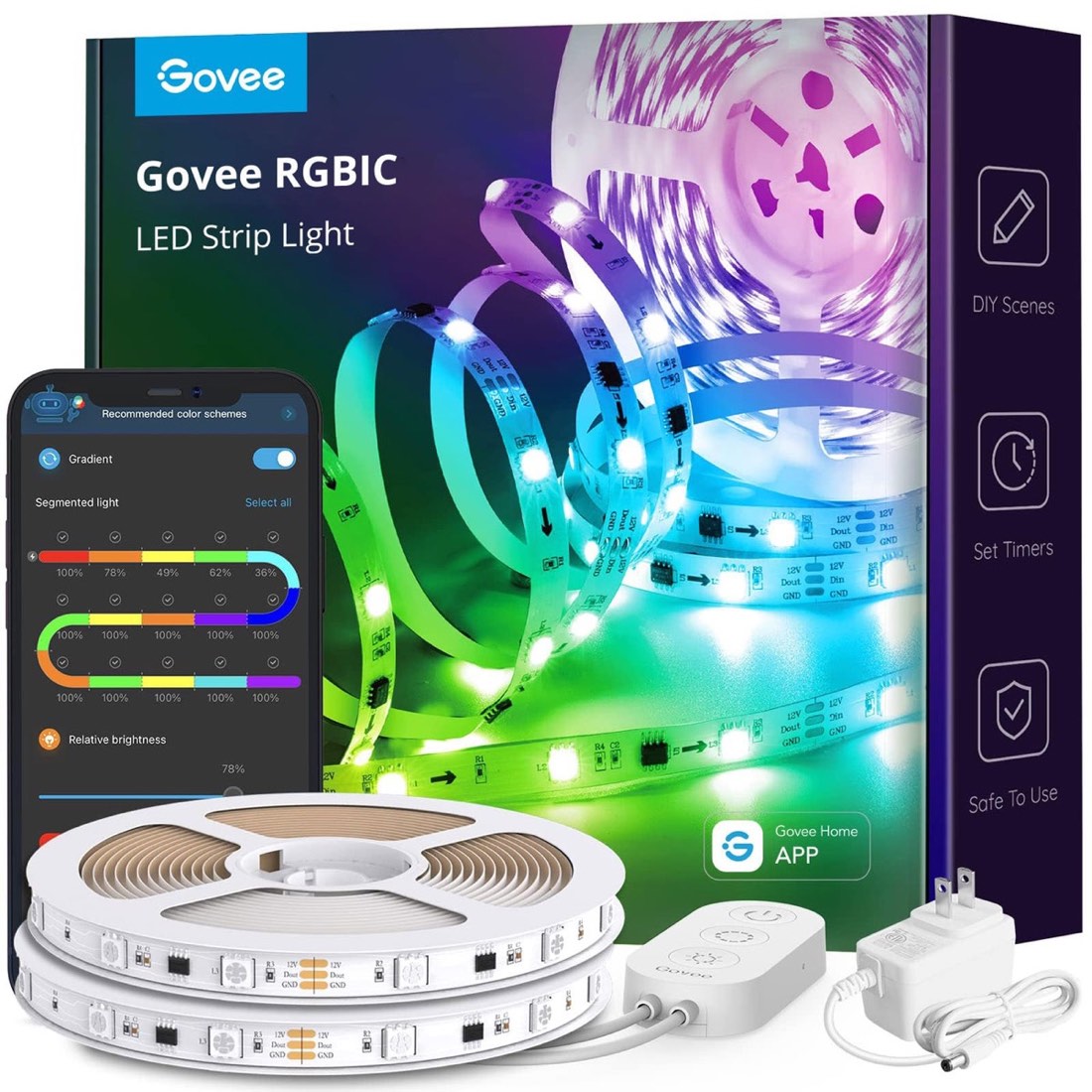Govee RGBIC LED Strip Lights retail box with two coiled strip rolls, controller, and power adapter on a white background