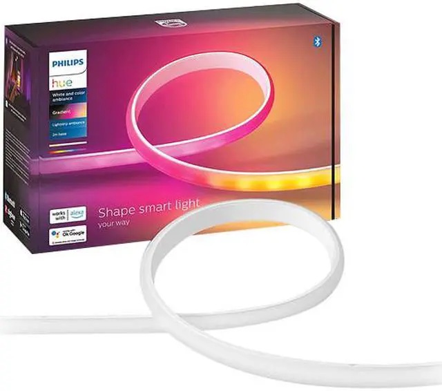 Philips Hue White and Color Ambiance Gradient Lightstrip base kit box and coiled strip on a white background