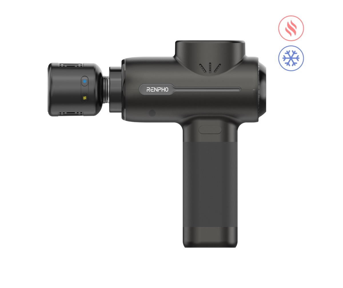 RENPHO Active+ Thermacool massage gun in black with heat and cold therapy attachment head and pistol-grip handle