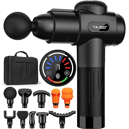 TOLOCO EM26 massage gun in black with LCD touch screen and pistol-grip handle, shown with a round massage head attached