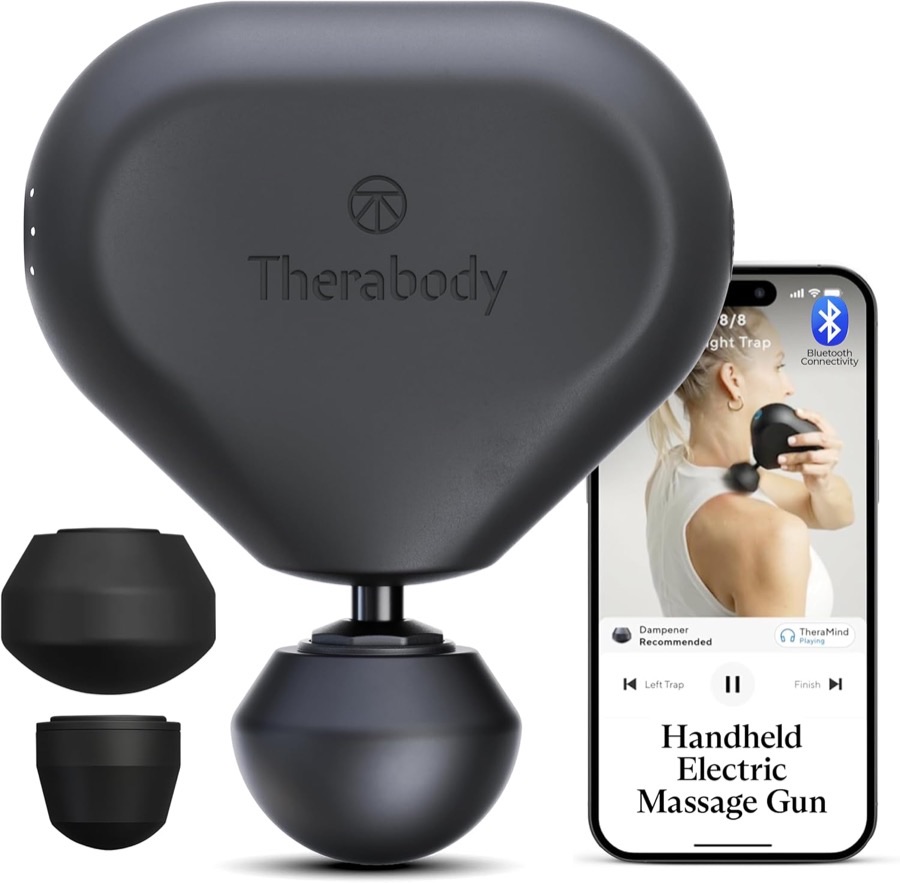 Therabody Theragun Mini 2nd Generation compact percussion massage gun in black with triangular palm grip