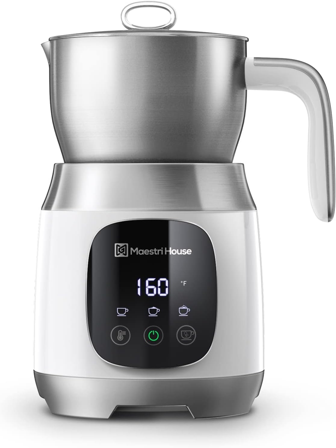 Maestri House DualFro 600 electric milk frother and steamer, stainless steel jug on a touch-control base