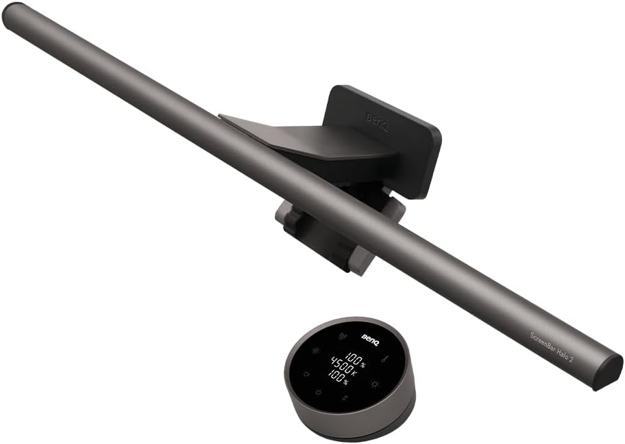 BenQ ScreenBar Halo 2 LED monitor light bar with wireless controller mounted on the top edge of a computer monitor