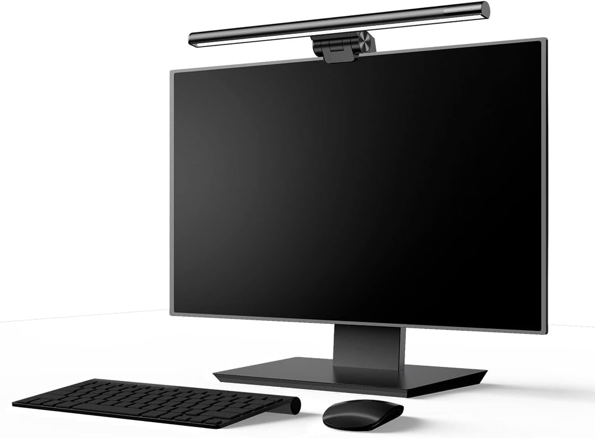 Baseus i-wok monitor light bar clamped to the top of a computer monitor, casting downward light onto the desk