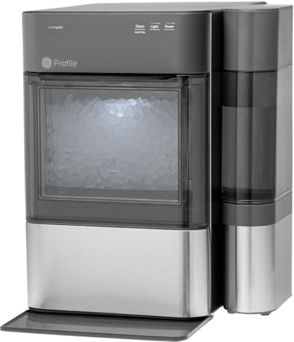GE Profile Opal 2.0 stainless steel countertop nugget ice maker with attached side water tank and ice scoop
