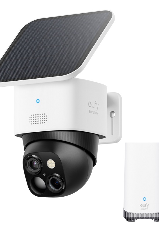 Eufy SoloCam S340 dual-lens 3K solar pan tilt outdoor security camera with attached solar panel on white background