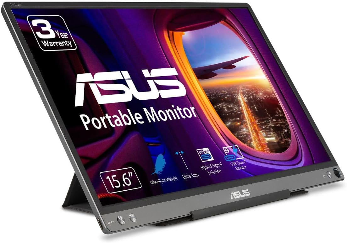 ASUS ZenScreen MB16ACE 15.6-inch 1080p USB-C portable monitor on its foldable smart-case stand with a 3-year warranty badge