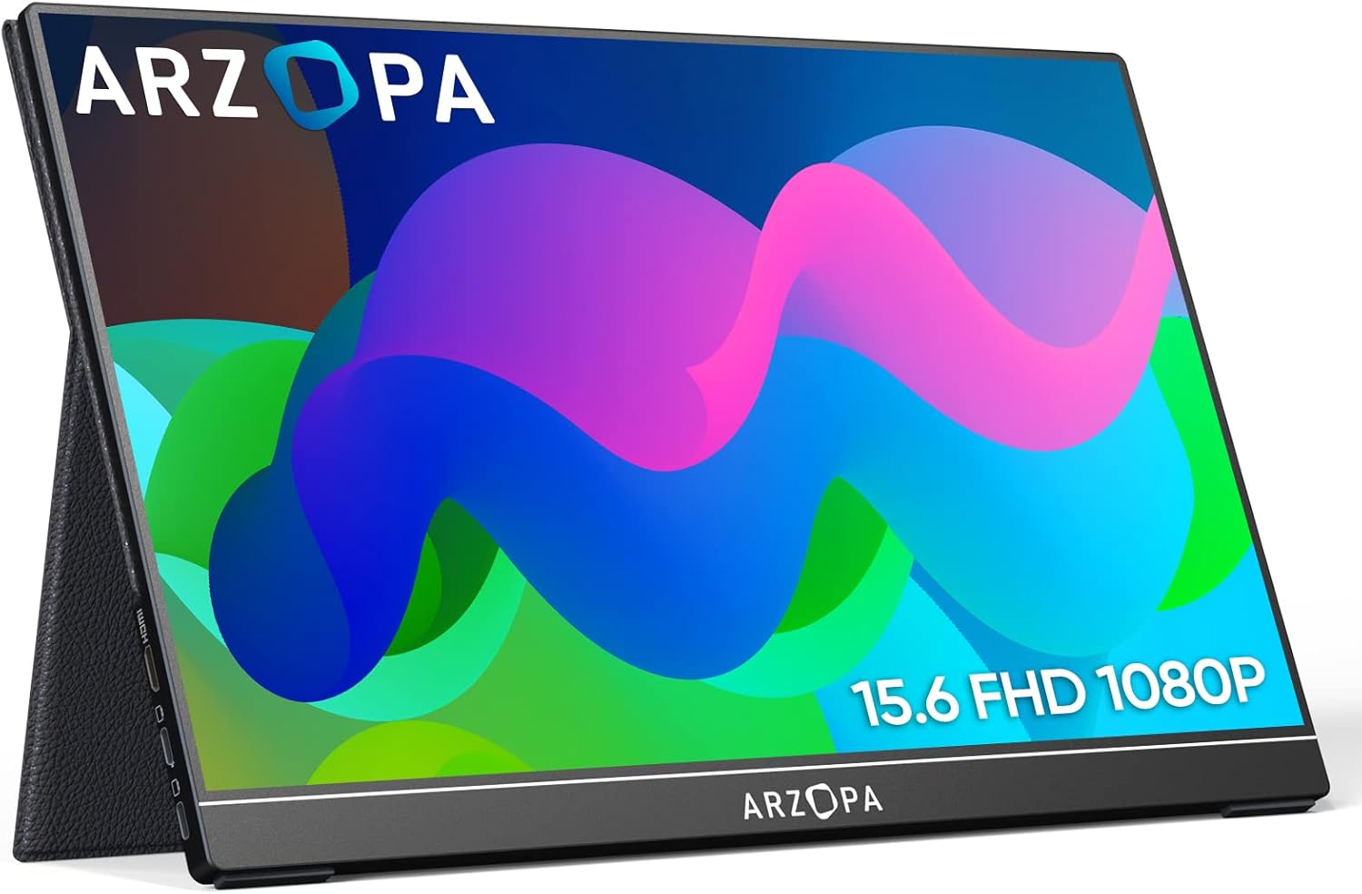 Arzopa A1 Gamut 15.6-inch FHD 1080P portable monitor in black with a fabric-covered fold-out kickstand standing on a desk