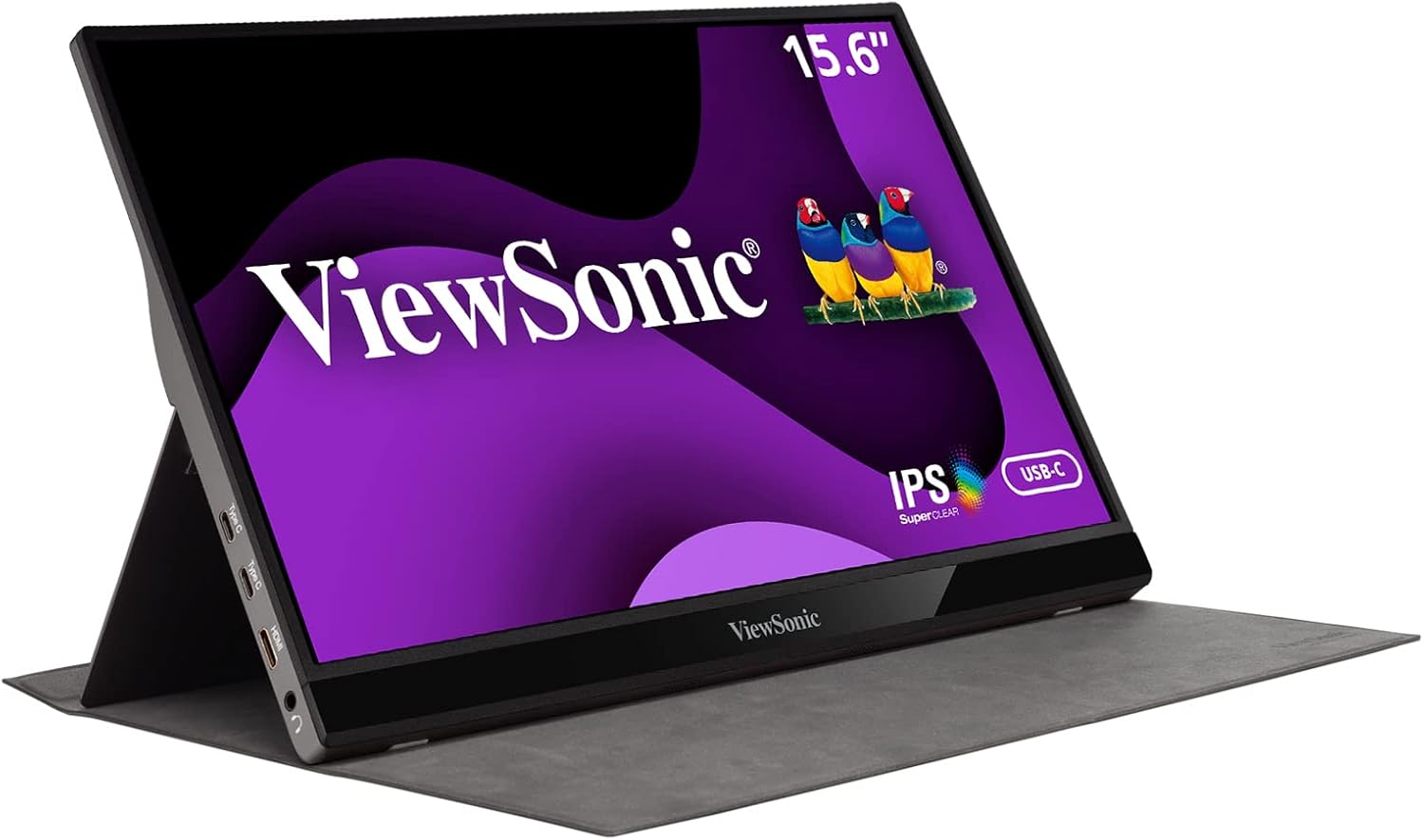 ViewSonic VG1655 15.6-inch 1080p IPS portable monitor on its integrated fold-out stand showing dual USB-C and mini-HDMI ports on the side