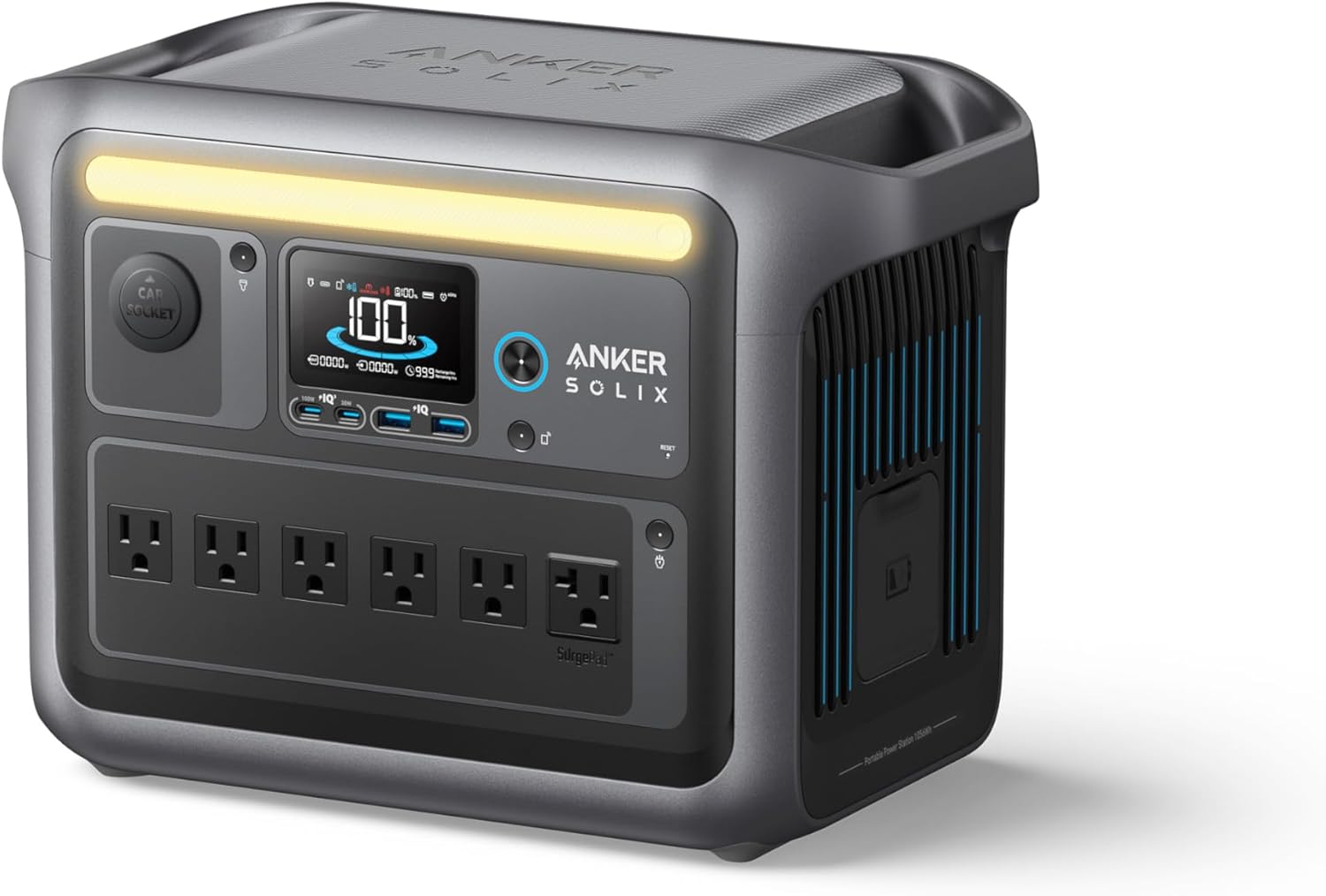 Anker SOLIX C1000 portable power station with black body and blue accents, showing AC outlets and USB ports on the front panel