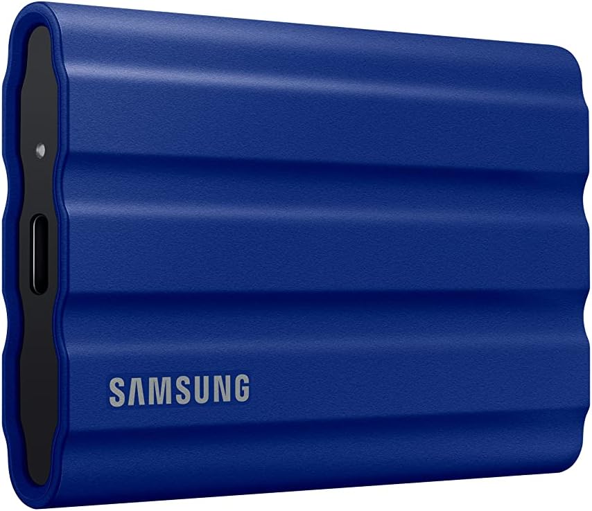 Samsung T7 Shield portable SSD with blue rubber exterior and compact rectangular design