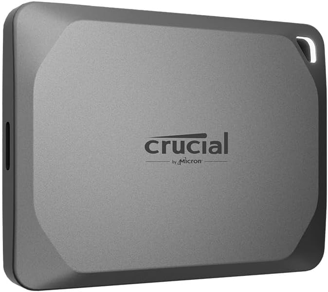 Crucial X9 Pro portable SSD with silver aluminum body and minimalist rectangular design