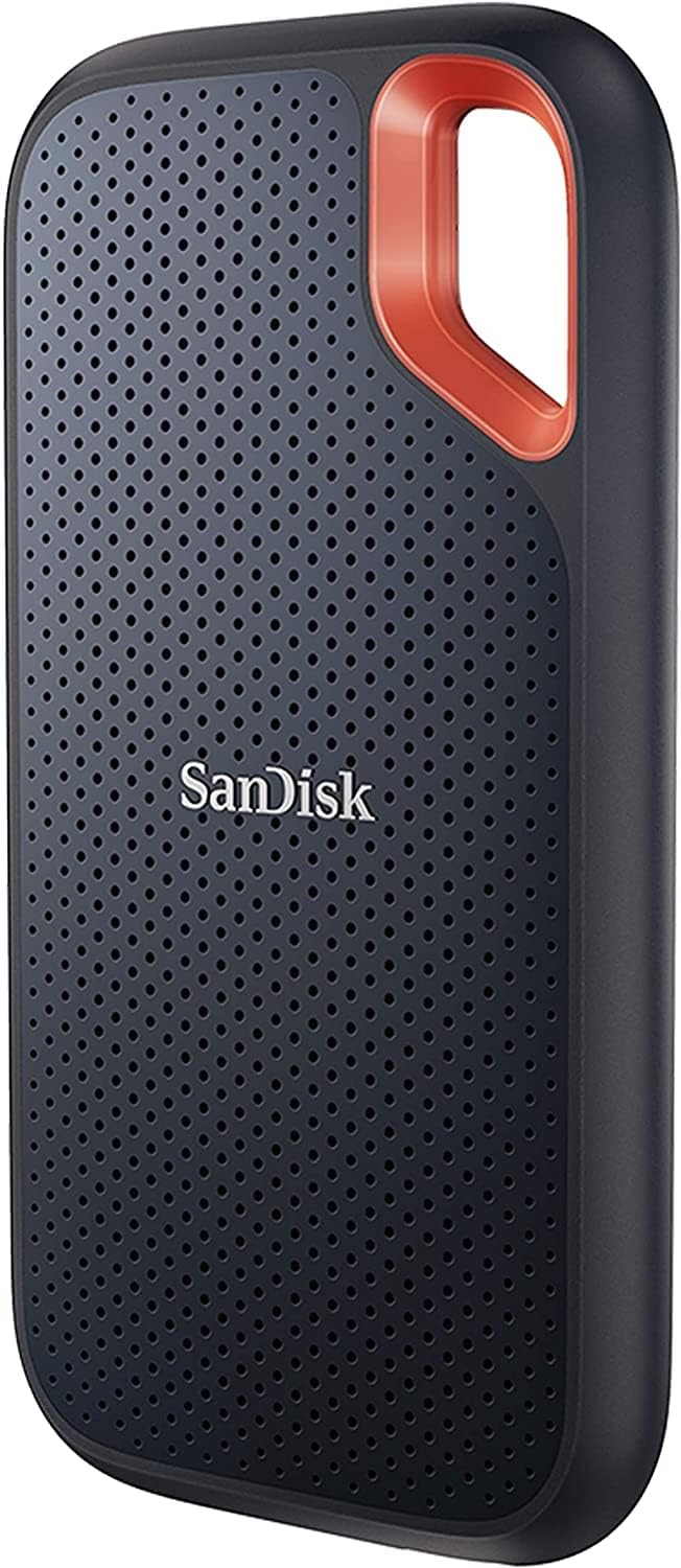 SanDisk Extreme portable SSD with dark grey rubber body and integrated carabiner loop
