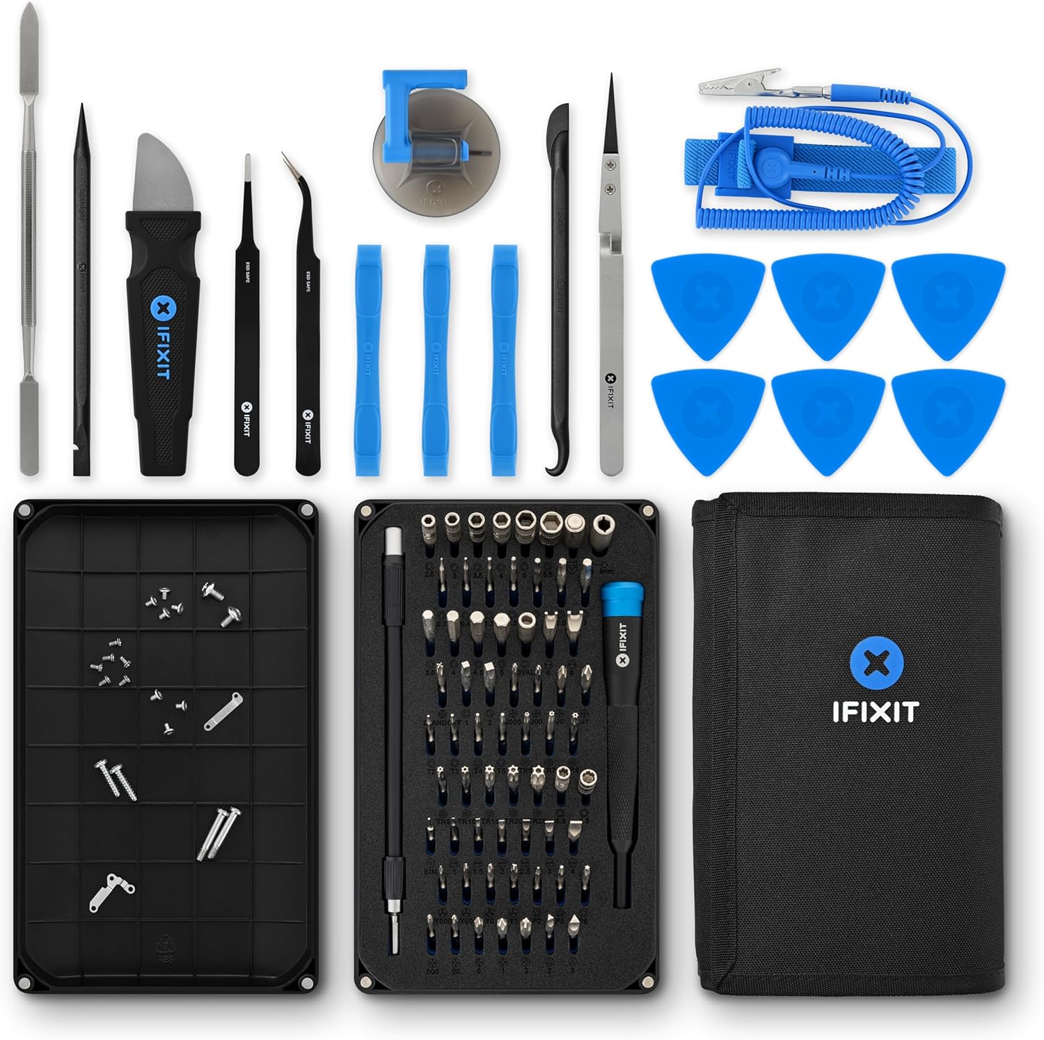 iFixit Pro Tech Toolkit with 64-bit precision driver, opening tools, tweezers, and spudgers in a portable zip case