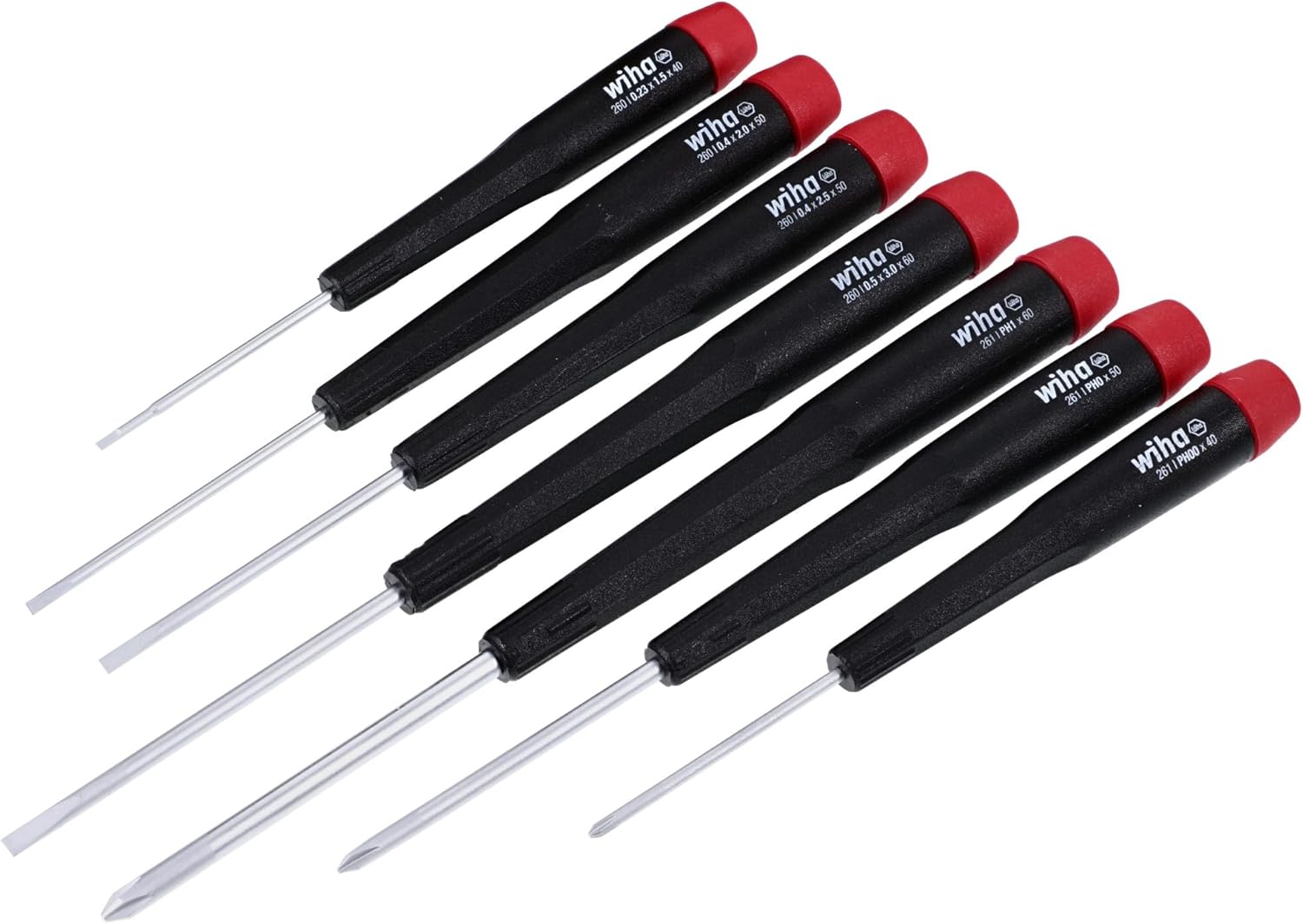 Wiha 26197 precision screwdriver set with PicoFinish handles and slotted and Phillips drivers in a bench stand