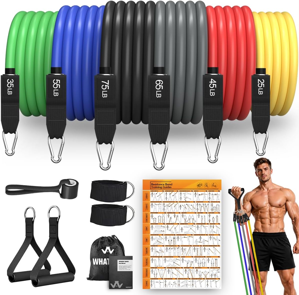 WHATAFIT heavy resistance bands set with five color-coded tube bands, foam handles, door anchor, ankle straps, carry bag, and exercise chart
