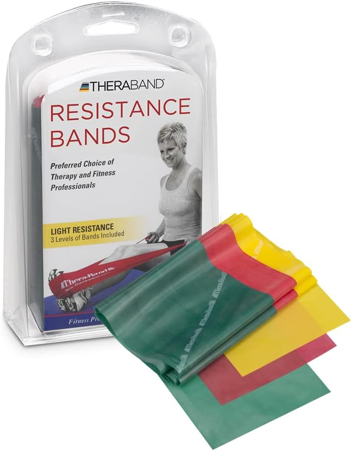 THERABAND professional resistance bands beginner set with retail packaging and three flat therapy bands in yellow, red, and green